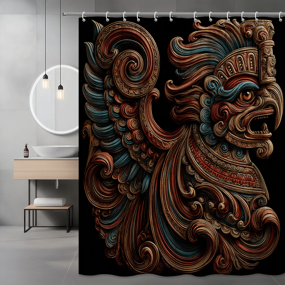 Abstract Mask Shower Curtain, Boho Tribal Face Print, Black Background