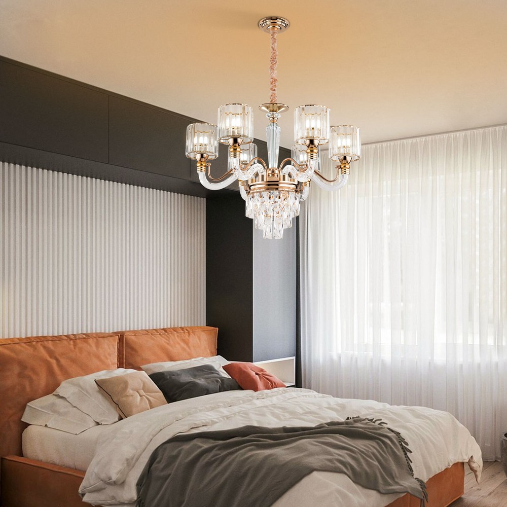 6-Light Gold Round Crystal Chandelier Ceiling Pendant Fixture Modern Design