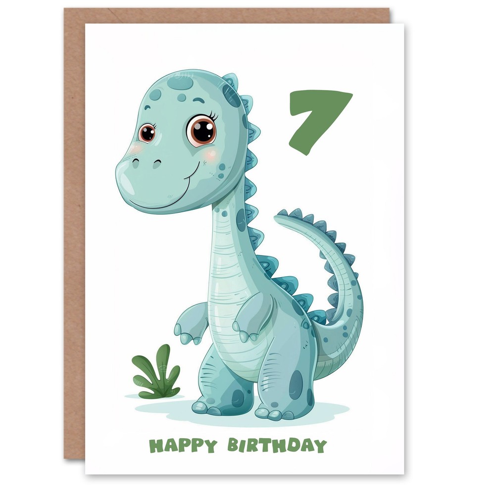 7th Birthday Card Cute Blue Baby Dinosaur Cartoon Kids Age 7 Year Old Child