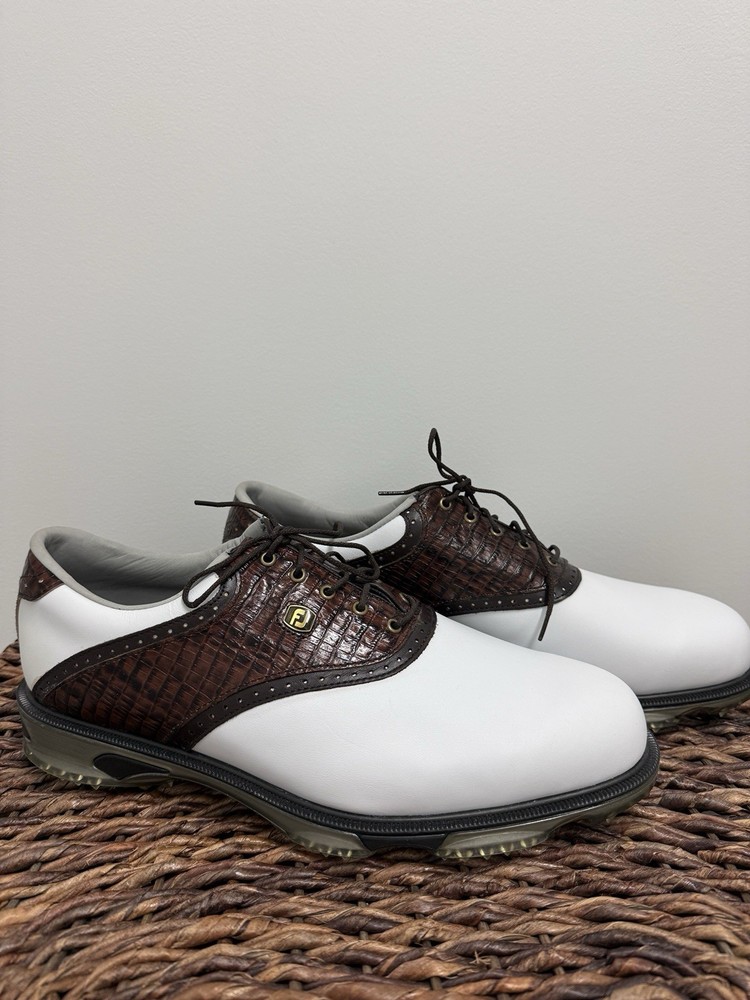 New FootJoy FJ Dryjoys Tour Mens 12 M White Brown Gator Spike Golf Shoes 53612