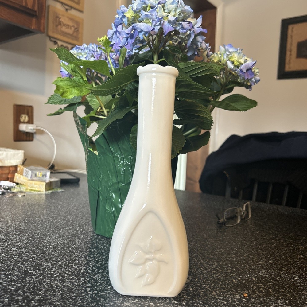 White Glossy Ceramic Bud Vase, Embossed Floral Flower Pattern, Textured Decor