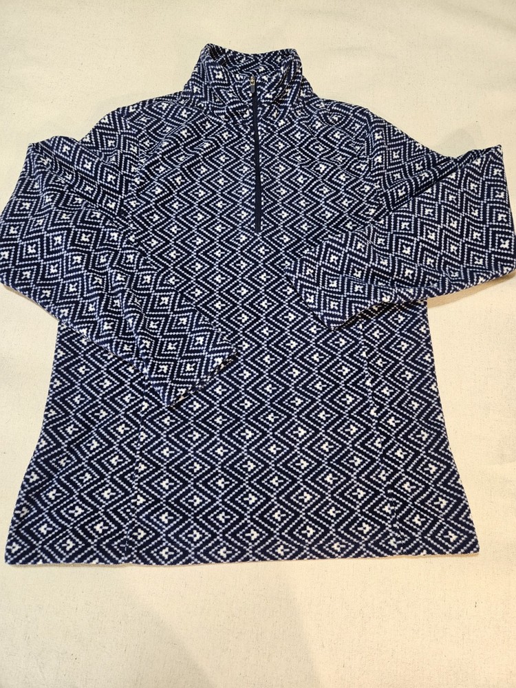 Lands' End Women's Large Tall 1/4 Zip Fleece Pullover Mock Neck Wht/Blue Pattern