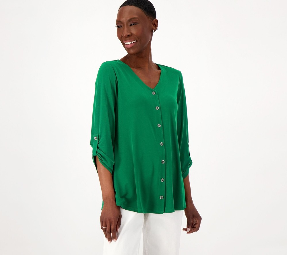 Susan Graver Women's Top Sz S Liquid Knit V-Neck Button Trimmed Green A607320