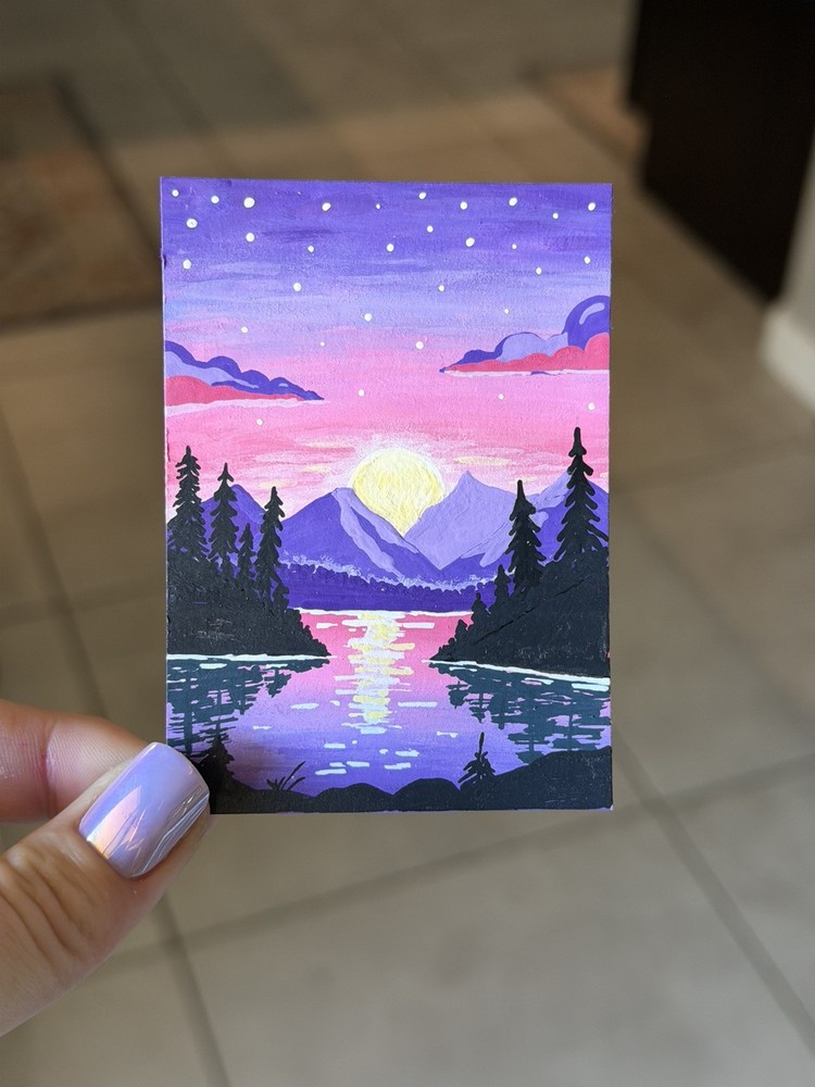 Original ACEO Abstract Mountain Lake Landscape,  Pink Sunset Sky by Sykes