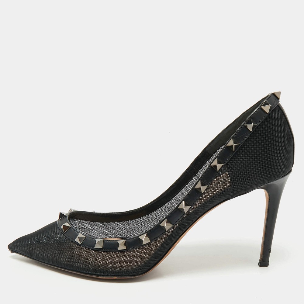 Valentino Black Leather and Mesh Rockstud Pointed Toe Pumps Size 405