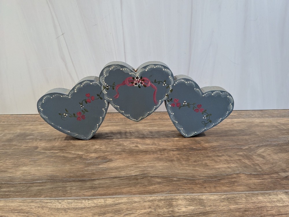 Cottagecore Grandma Blue Heart Ribbon Floral Wooden Shelf Sitter Decor 1990s VTG