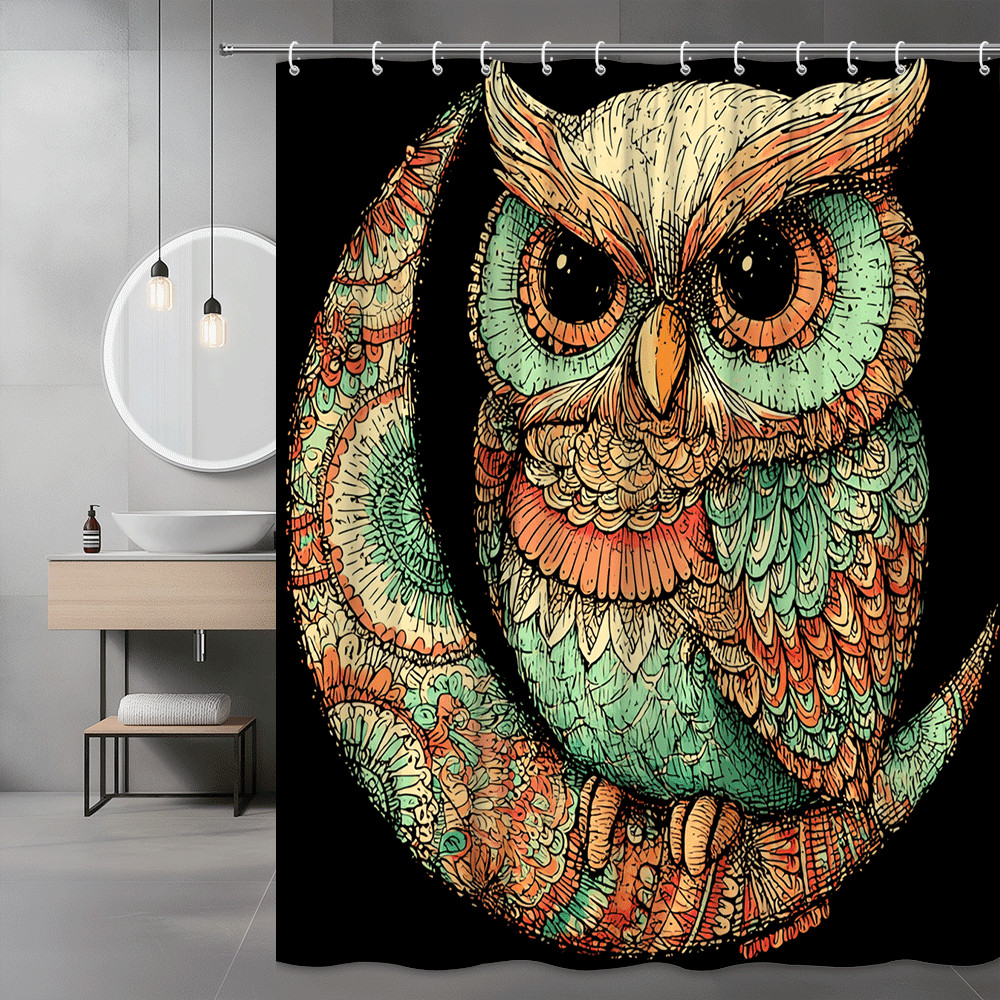 Owl Shower Curtain Floral Boho Print Black Background