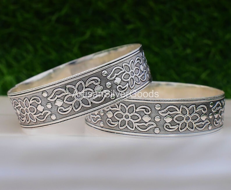 2 PCs Set Of Bangles Flower Design Bangle 925 Sterling Silver Bangle Stacking
