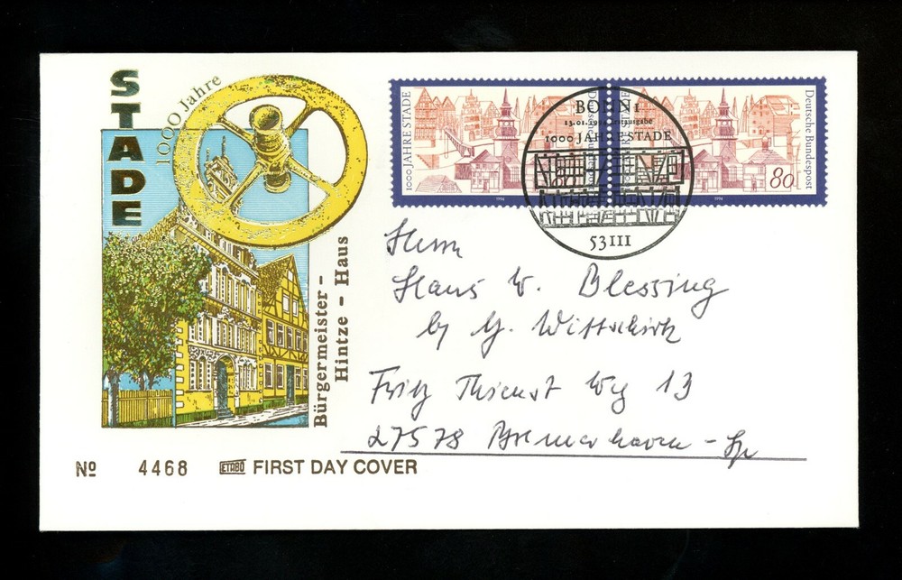 Postal History Germany FDC #1820 Town of Staade 1993