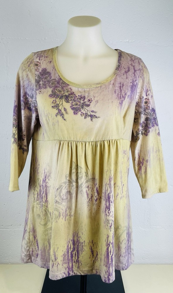 One World Multicolored Pastel Floral Empire Waist Top.  Size XL, 3/4 Sleeves
