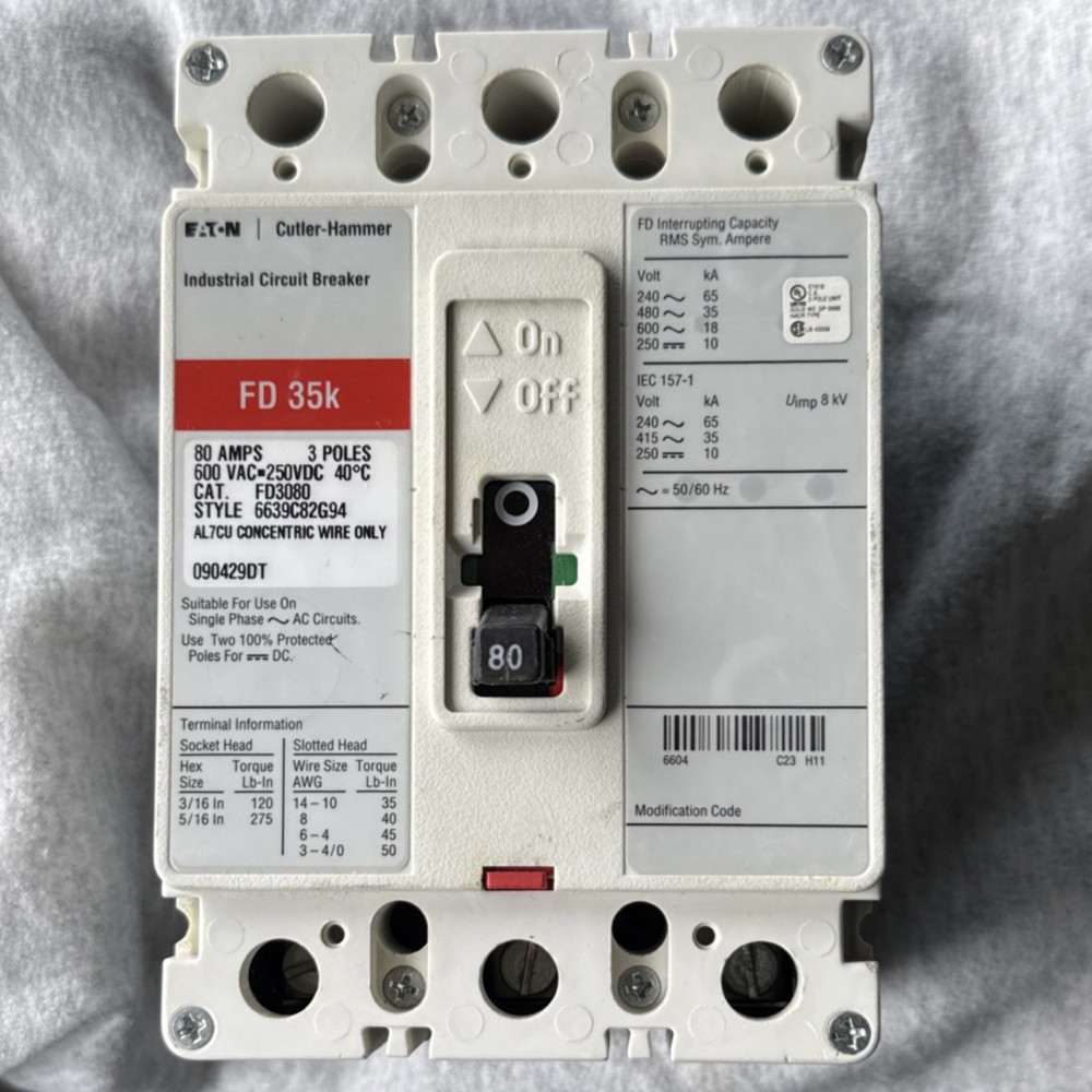 Eaton Cutler-Hammer FD3080 80A 3-Pole Industrial Circuit Breaker 600VAC 250VDC