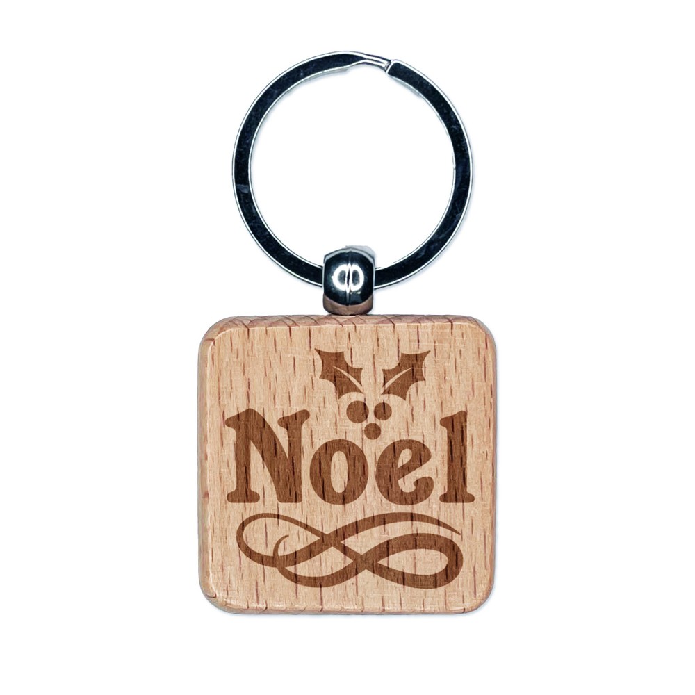 Christmas Noel Holly Engraved Wood Square Keychain Tag Charm