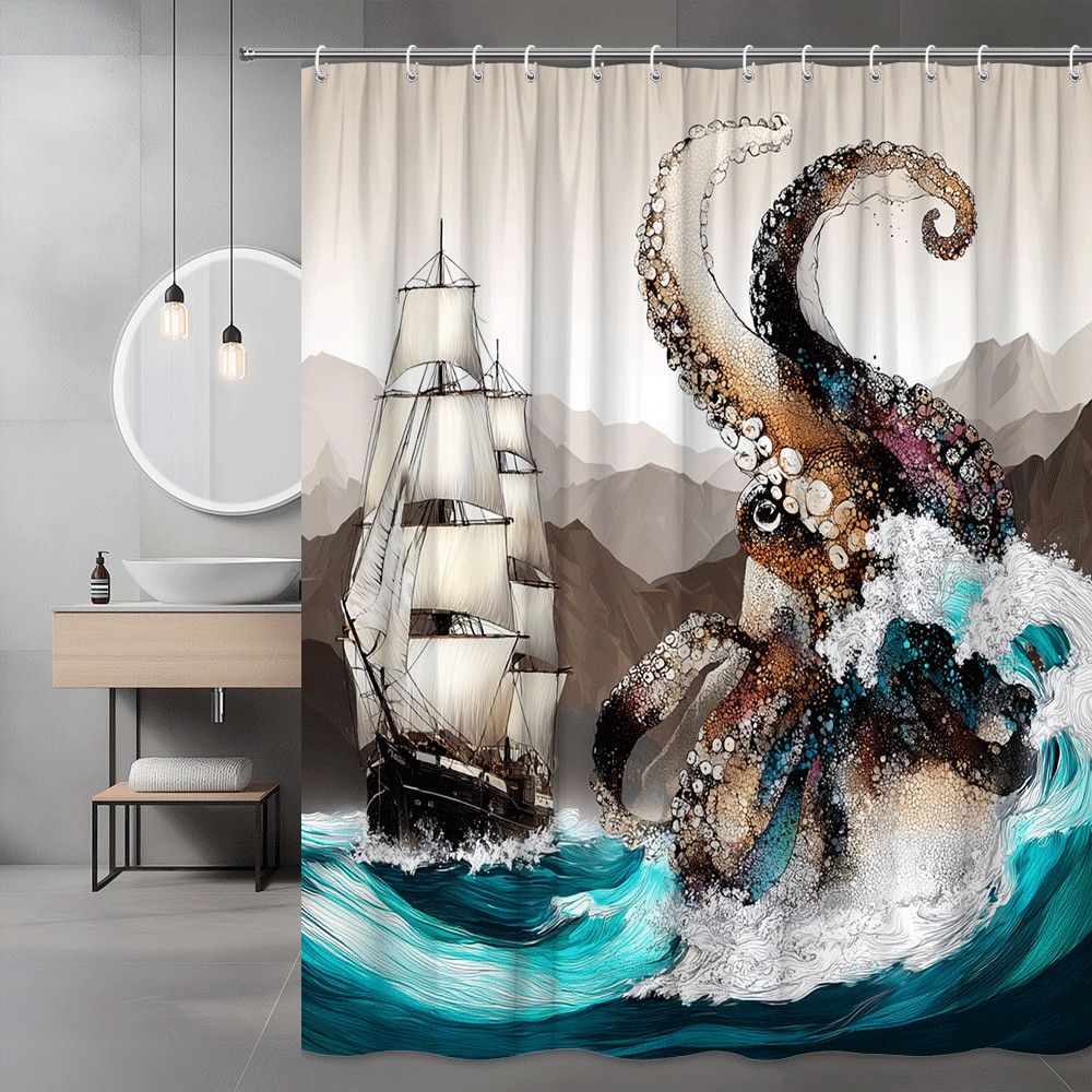 Octopus Ship Ocean Shower Curtain Nautical Wave Print