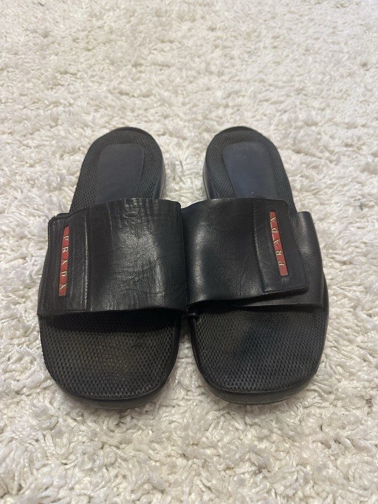 PRADA Men’s Slides Size 10 Black Leather Slip On Rubber Sole