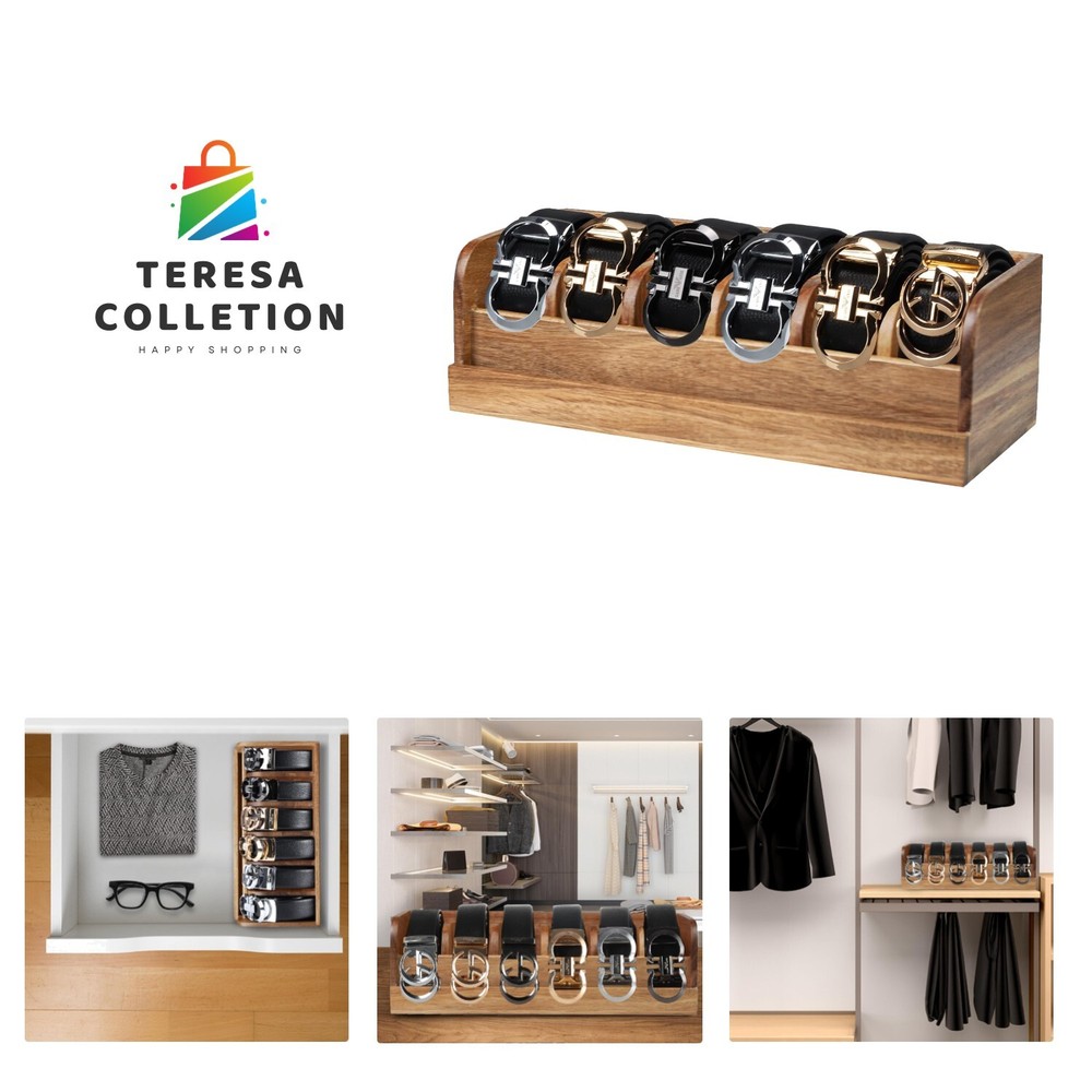 Acacia Wood 6-Grid Belt Organizer Box for Closet or Drawer Storage-image