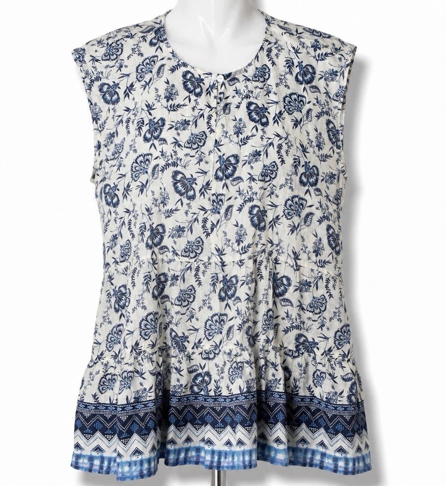 BeachLunchLounge Top Women's Large Boho Paisley Floral Blue white Peplum Ruffle