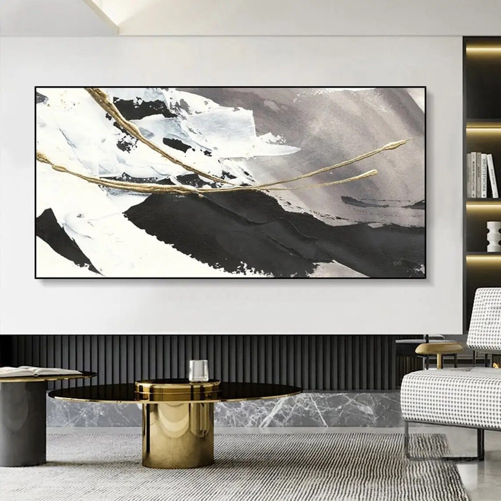 Abstract Oil Painting on Canvas Textured Wall Art Gold Foil Black White Acrylic