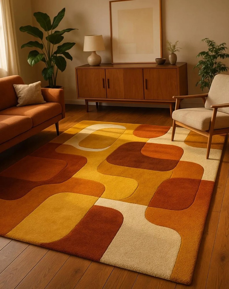 Mid Century Modern Wool Rug | Retro Geometric Area Rug | Burnt Orange Mustard Ye