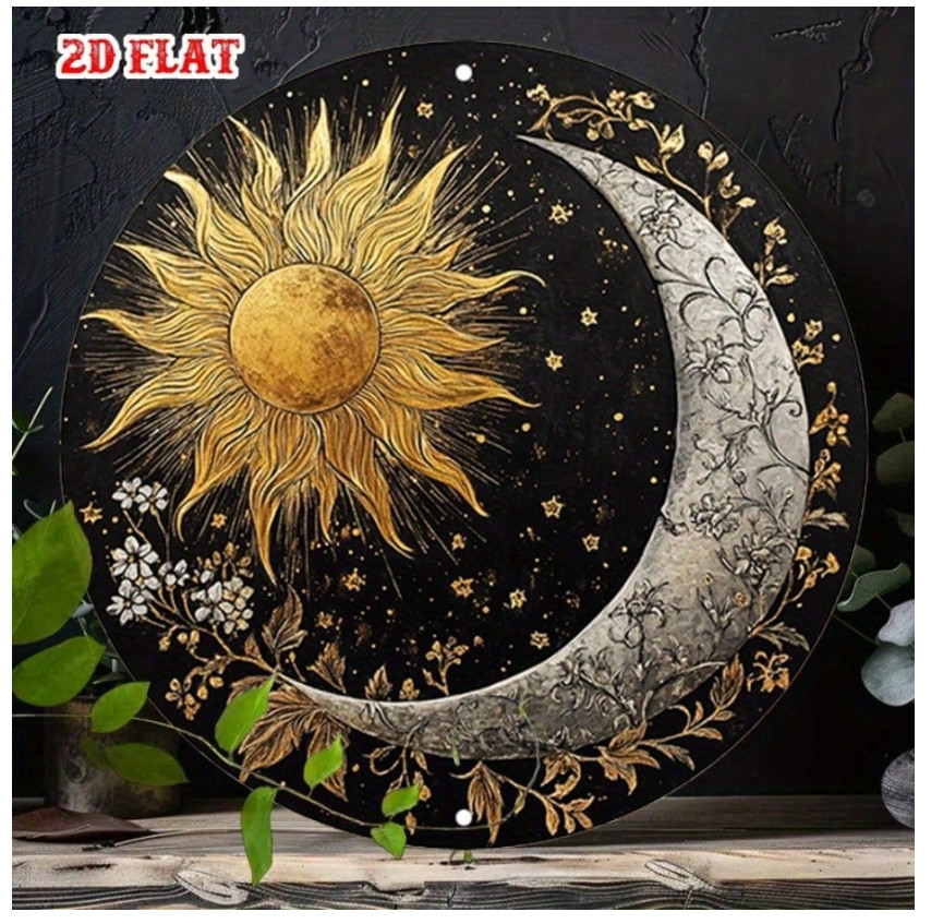 Vintage Celestial Metal Sign, Sun And Moon Face Art, Size 8X8 in Round Wall Art