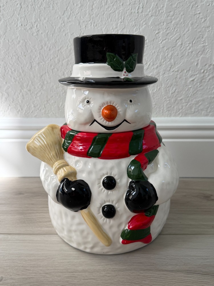 Ceramic Vintage Christmas Winter 2 Piece Snowman Cookie Jar
