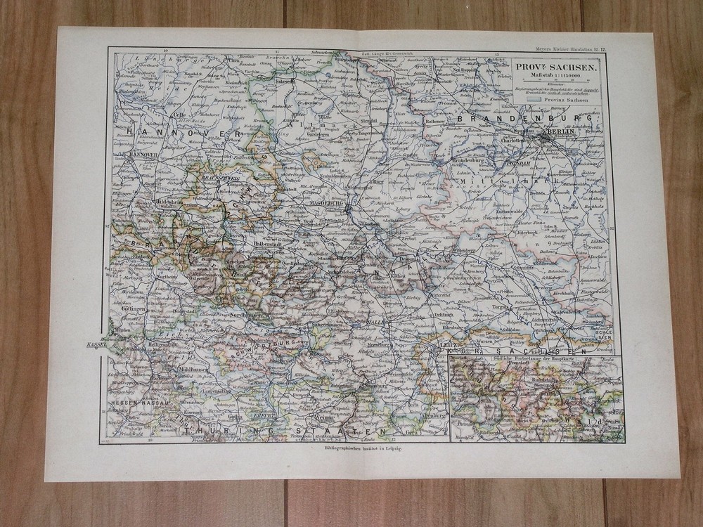 1892 Original Antique Map Of Saxony Sachsen Anhalt / Germany Berlin