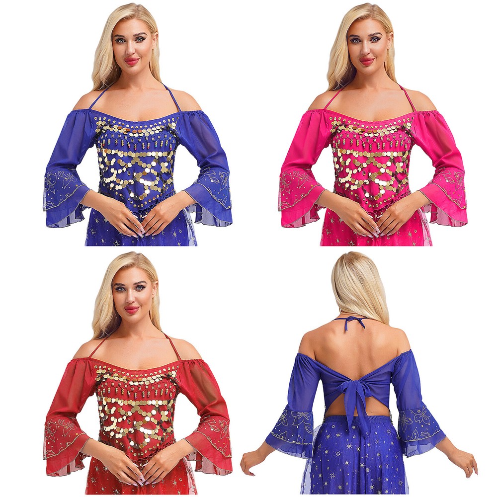 Womens Dance Tops Glitter Shirts Samba Dancewear Tango Lace-up Theme Belly Hem