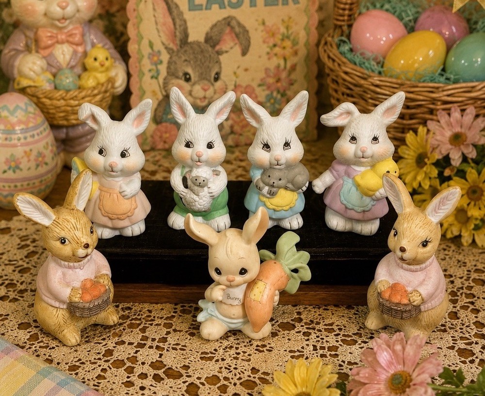 Vintage Easter Bunny Rabbit Figurine Lot Enesco Ceramic Spring Decor Set of 7