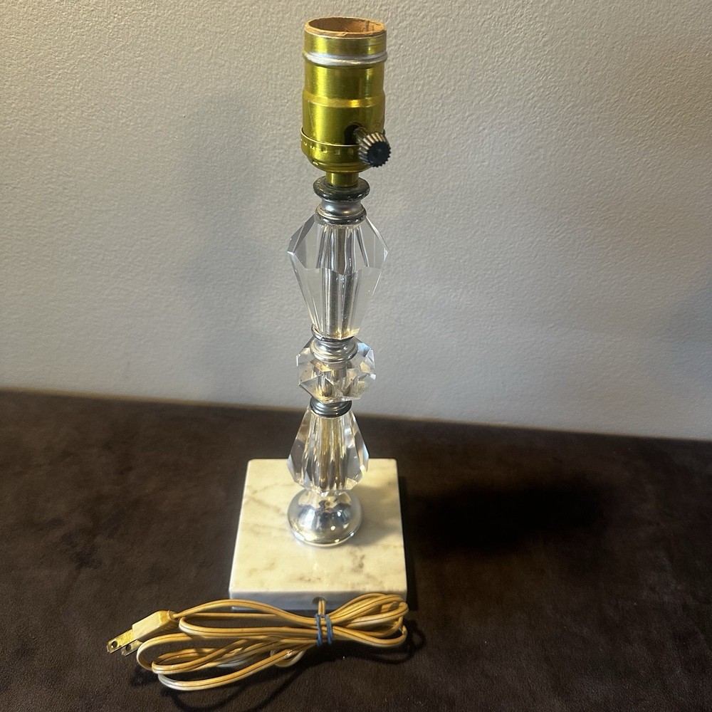 Vintage Faceted Crystal Glass & Marble Boudoir Lamp 12 in. Beautiful