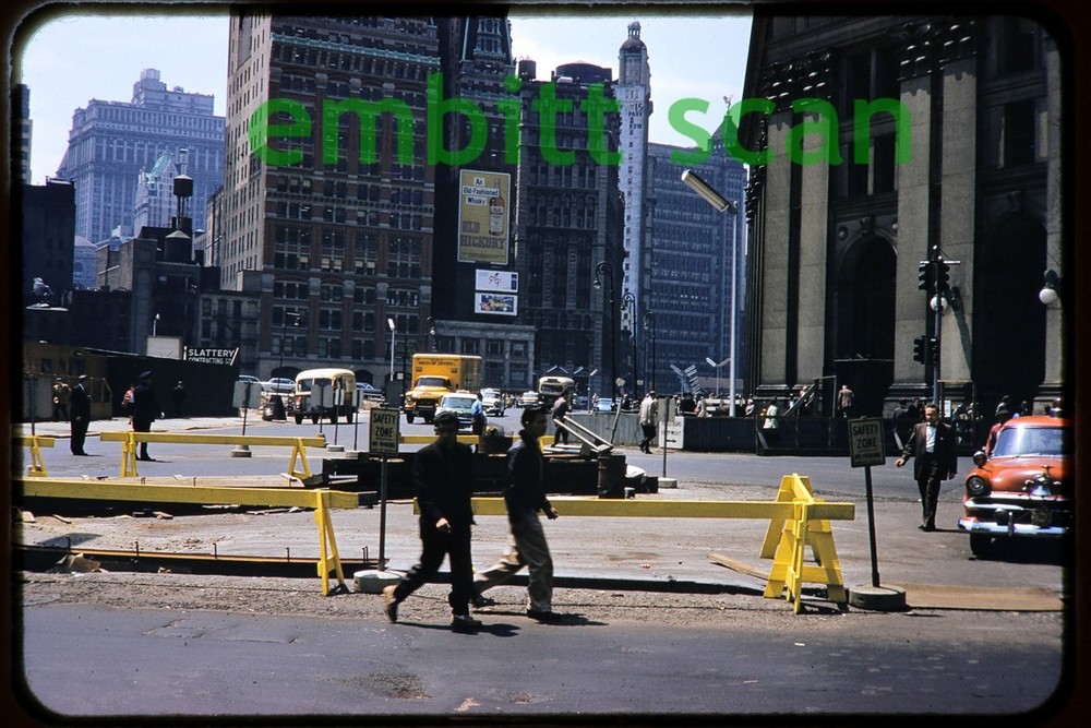 Original Slide, 1950s New York City NYC Street Scene, Old Hickory Bourbon