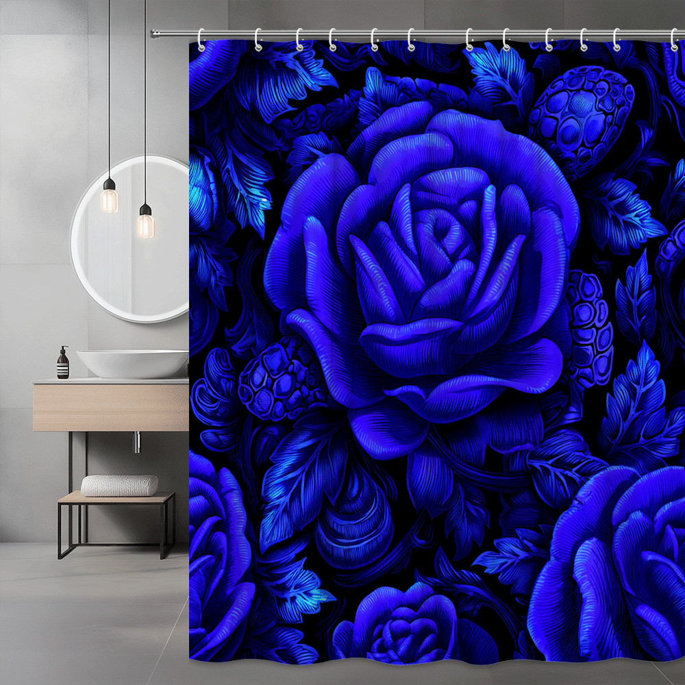 Blue Rose Floral Shower Curtain, Black Background, Botanical Print