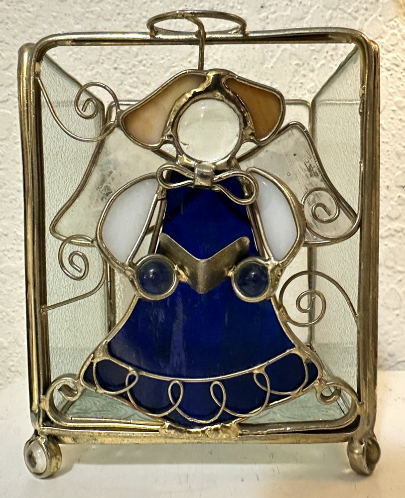 Stained Glass Angel Votive Tea Light Candle Holder 5” Tall Brass Scrollwork