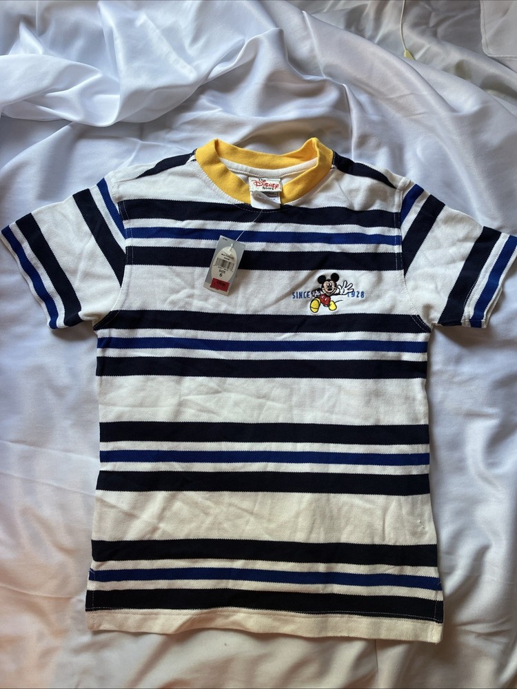 Disney Blue/White Striped Mickey Mouse Shirt Embroidered Child-6 - New