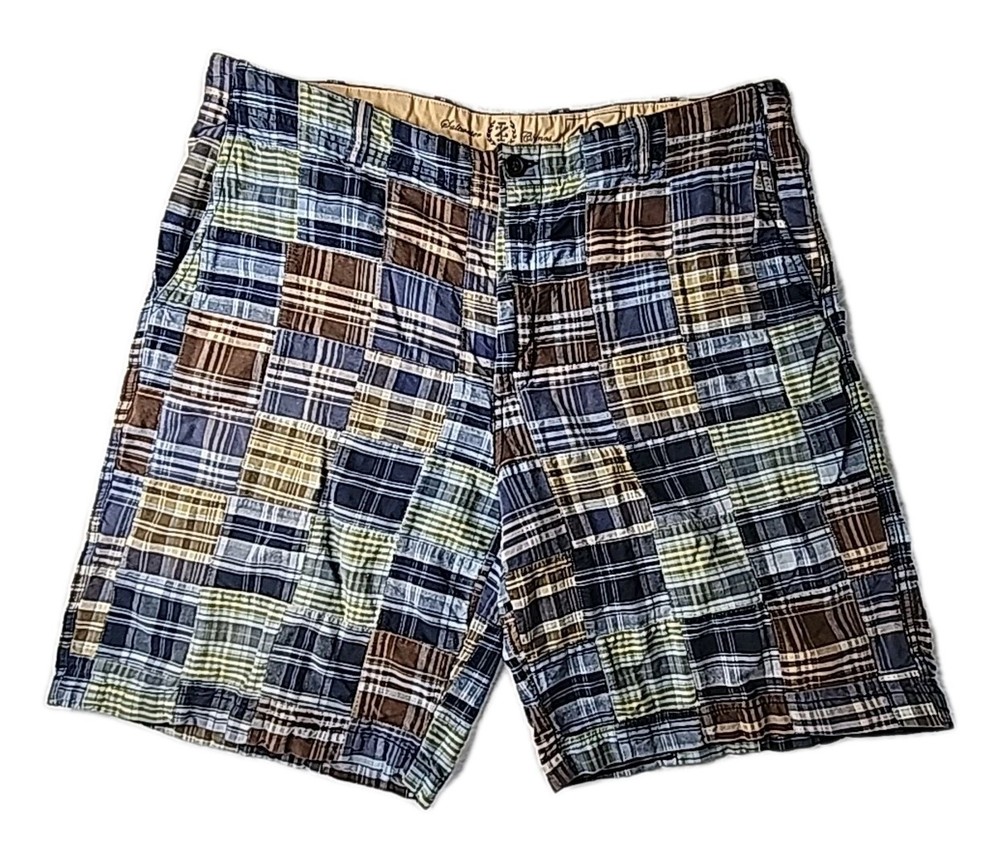 Izod Saltwater Mens 40 Madras Plaid Patchwork Chinos Golf Shorts Blue/Brown EUC