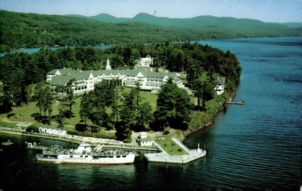 1955 Sagamore Hotel Bolton Landing Lake George NY MV Ticonderoga Aerial Postcard