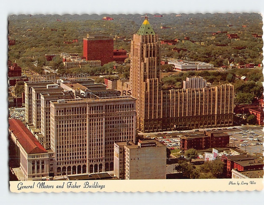 Postcard General Motors and Fisher Buildings Detroit Michigan USA
