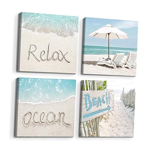 Ocean Beach Canvas Wall Art: Coastal Picture Seascape Print Summer Beach 03