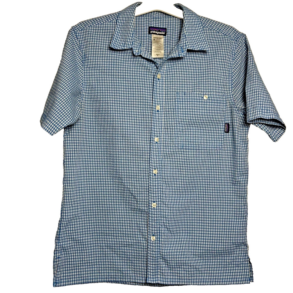 Patagonia Short Sleeve Gingham Button Up Shirt Blue White Mens Medium
