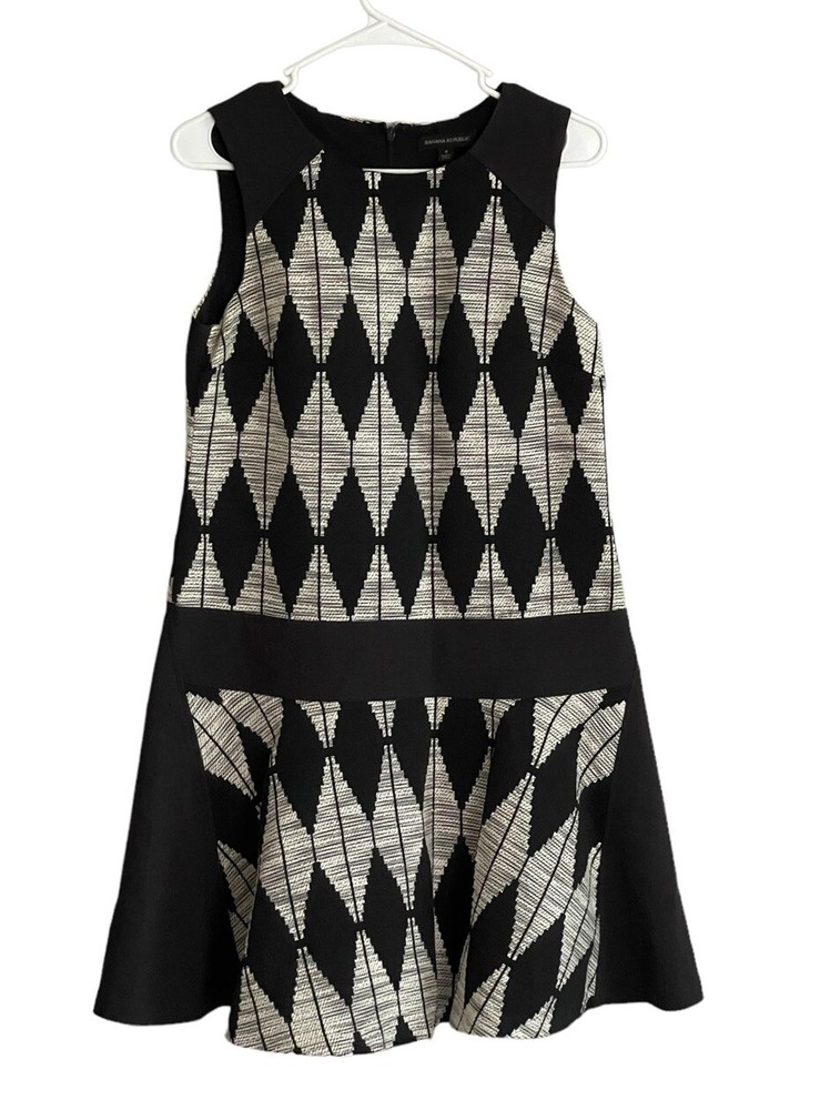 Banana Republic Black Diamond Jacquard Tweed Drop Waist Dress Size 4 Flare Hem