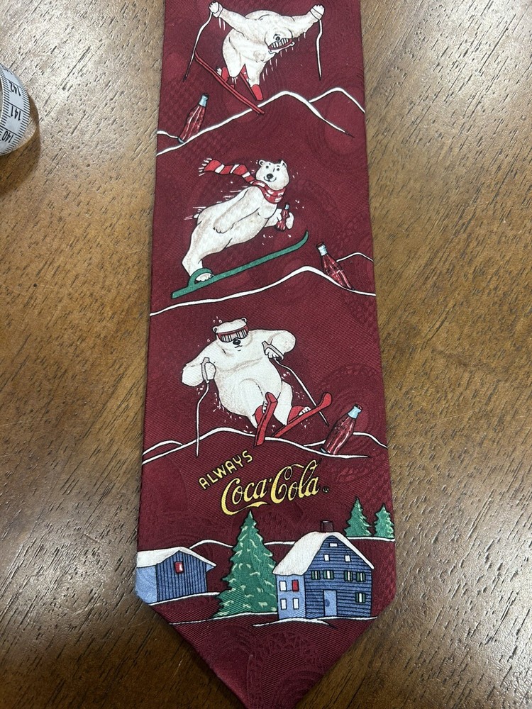 Always COCA COLA Polar Bear Winter Skiing  NOVELTY 100% Silk Mens Tie RED