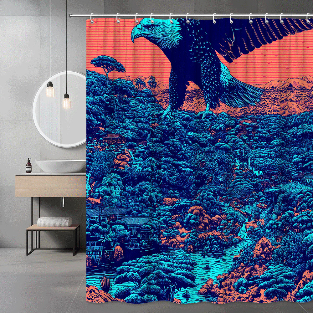Eagle Forest Landscape Shower Curtain Blue Orange Graphic