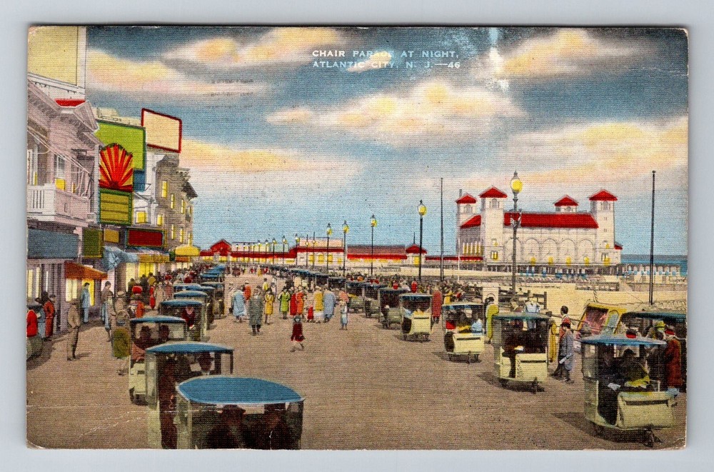 Atlantic City, NJ-New Jersey, Chair Parade at Night Boardwalk Vintage Postcard
