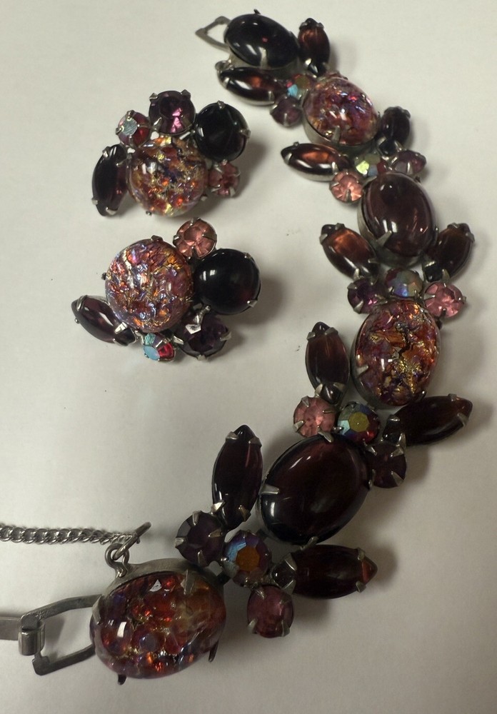 Vintage WEISS Faux Fire Opal Cabochon Bracelet And Clip On Earrings