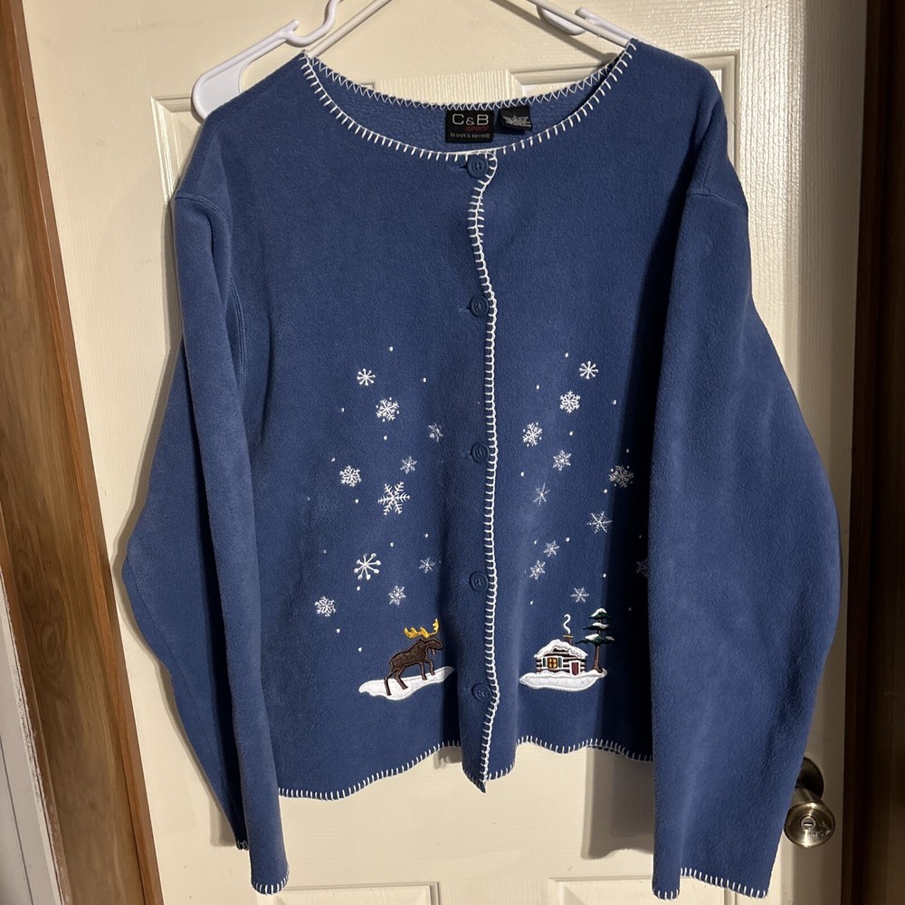 Croft & Barrow Womens Blue Button Front Christmas Cardigan Sweater Size Large