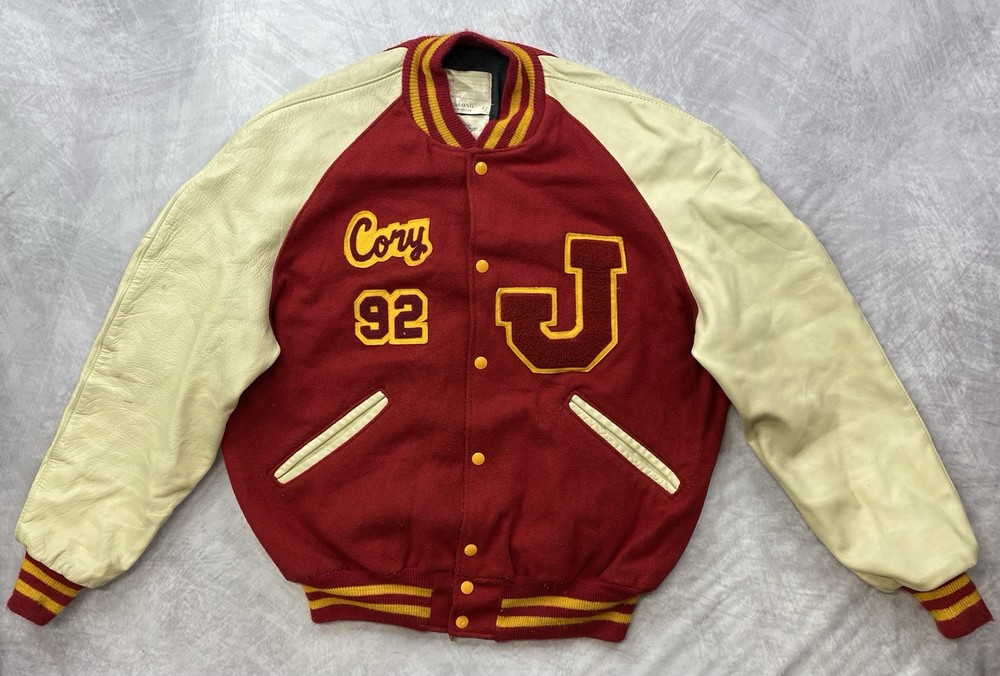 Vintage 80s De Long Varsity Wool Leather Letterman Jacket Size 42 Red Burgundy