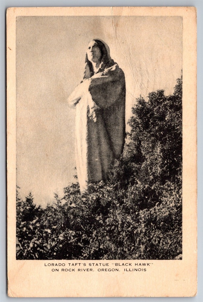 Lorado Taft's Statue Black Hawk Rock River Oregon IL Postcard T4