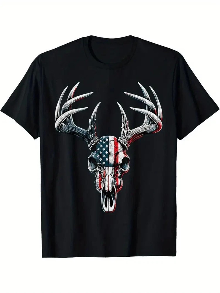 American Flag Men's T-Shirt - Whitetail Deer Hunting on Buck Skull