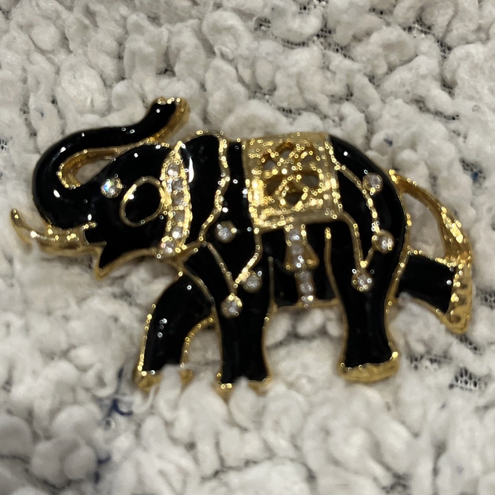 Vintage Lucky Elephant Black Enamel Pin Brooch Gold Tone w/Clear Rhinestones