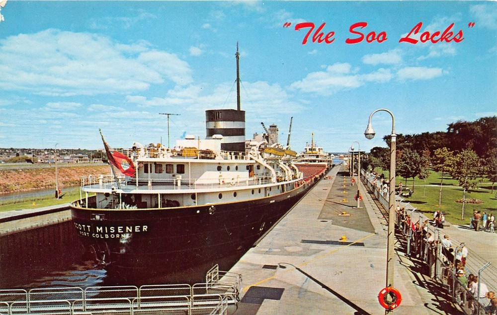 Scott Misener Ship Freighter Great Lakes Sault Ste Marie MI Vtg Postcard V5