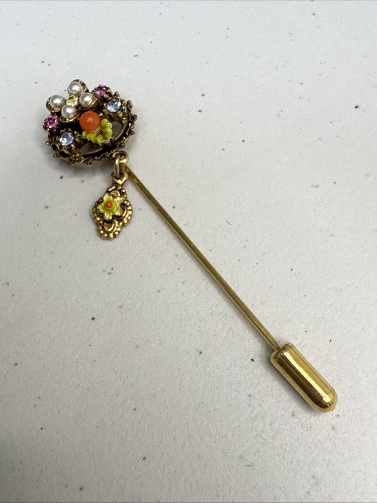 Vintage Floral Stick Pin 2.75” Rhinestone Pearl Enamel Gold Tone Dangle Accent