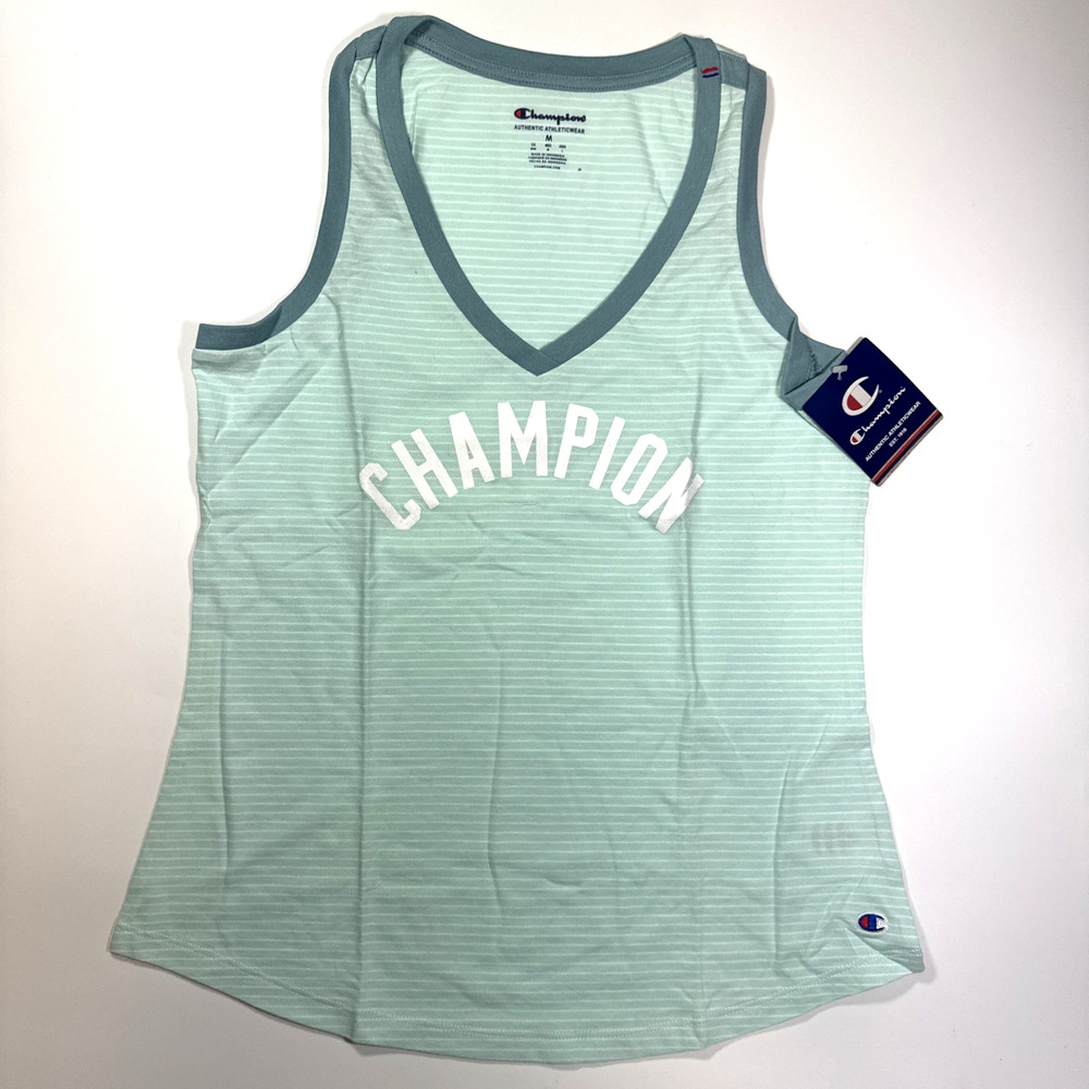 Champion Women Tank Top Blue Spearmi Striped Teal Tee Shirt V-neck Racerback